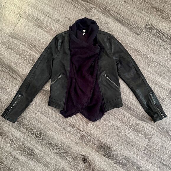 Free People Drape Front Black Waxed Denim Waterfall Moto Jacket - Picture 1 of 9
